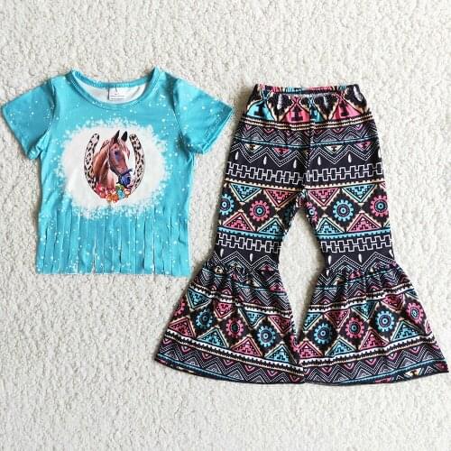 Hot Sale Kids Designer Clothes Girls Fashion Bell Bottom Outfits Toddler Baby Girls Clothing Horse Print Wholesale Children Sets