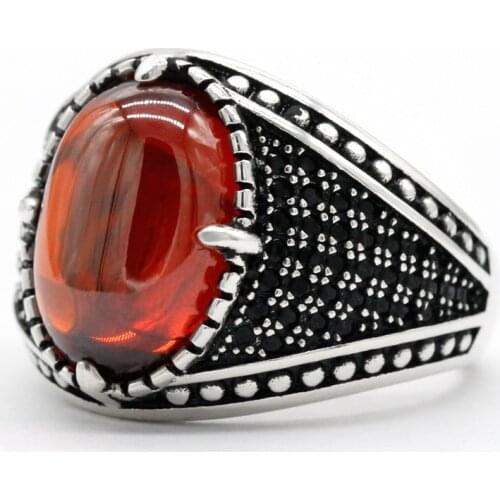 925 Sterling Silver Men Rings with Natural Red Garnet Stone & Black CZ Vintage Thai Silver Turkish Jewelry Gift to Male Female