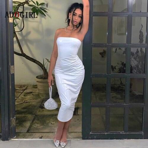 Adogirl Strapless High Slit Bodycon Dress Evening Night Club Outfits PU Leather Mini Dresses Sexy Backless Celebrity Vestidos