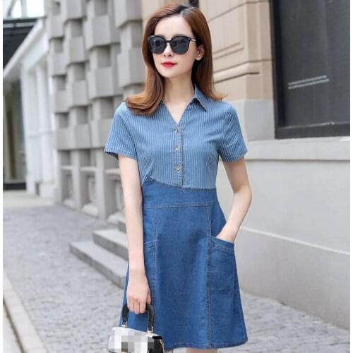 Women Dresses Summer Sexy Fashion V-Neck Striped Patchwork Mini Denim Dress Female Casual Short Sleeve A Line Short Dress