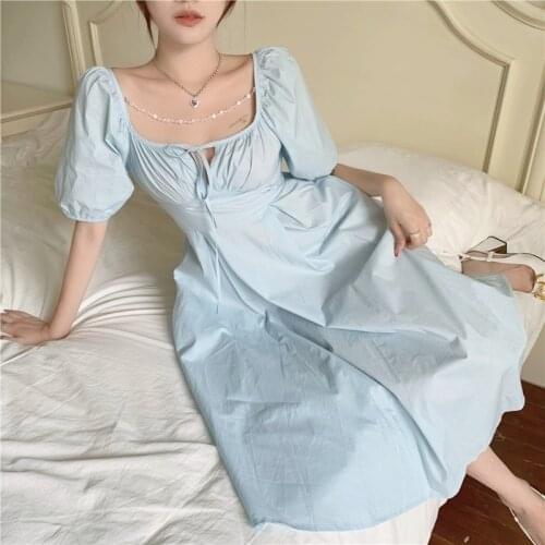 Summer Solid Elegant Vintage Dress Women Slim Short Sleeve Korean Beach Midi Dress Lace-up Bowknot Holiday French Sundress 2021