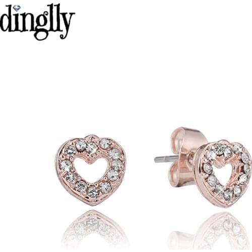 Dinglly Fashion 3 Color Heart Stud Earring For Women Girls Fine Shiny Crystal Love Earrings Friends Couple Birthday Gift
