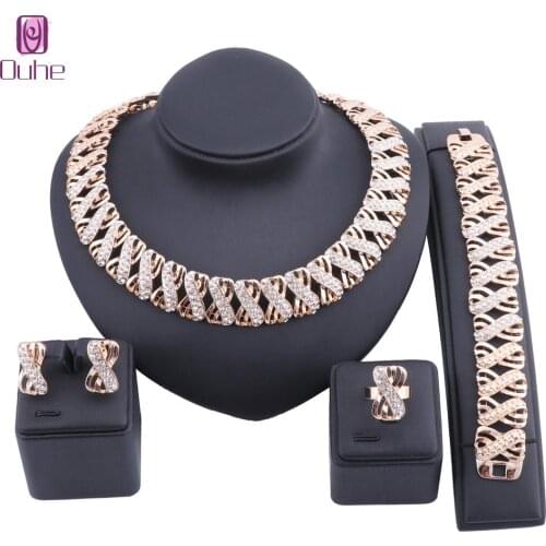 Wedding Bridal Crystal Jewelry Sets For Women Necklace Bracelet Earrings Rings Dubai Gold Color Statement Accessories Set