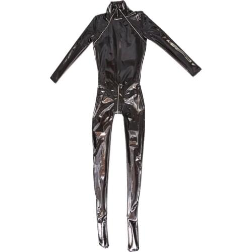 Wet Look PVC Catsuit Long Sleeve Zipper Open Crotch Bodysuit Tights Pantyhose PU Leather Bodystocking Bodycon Jumpsuit Rompers