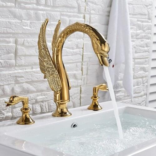 Vidric Luxury Golden Swan Basin Faucet Dual Handles Hot Cold Water Mixer Tap Bathroom Basin Sink Faucet Wash Toilet Faucets