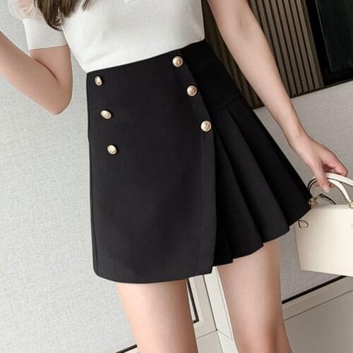 LJSXLS 2021 Summer Pleated Skirt Women Double Breasted Mini High Waist Skirts Korean Fashion Womens Clothing Black Apricot Green