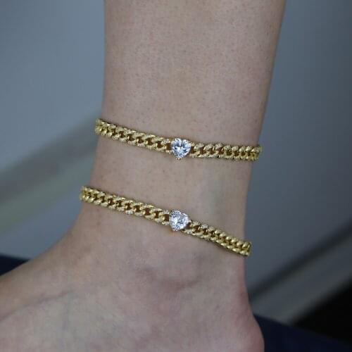 2020 summer new High quality leg jewelry 5A cubic zirconia 7mm cuban link chain heart CZ women anklet leg chains