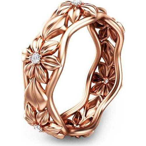 FYJS Unique Rose Gold Color Flower with Rhinestone Finger Ring for Women Party Gift Jewelry