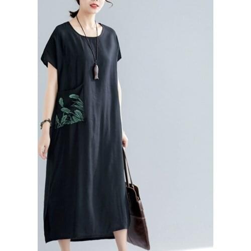 Black Robe Vintage Femme Long Dress Chinese Style Vestidos Short Sleeve O Neck Loose Casual Retro Dresses Summer 2019 TA1824