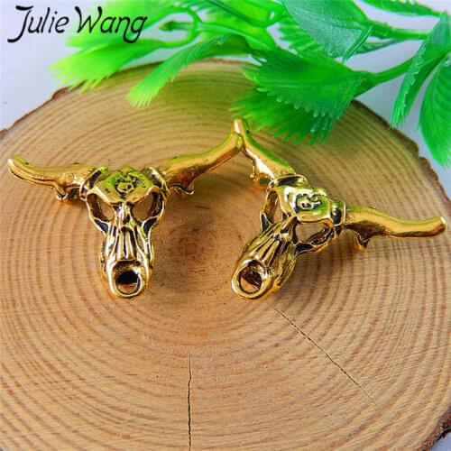 Julie Wang 5PCS Retro Tau Bull Skull Head Alloy Antique Gold Charms Jewelry Making Pendants Necklace Finding Accessory Handmade