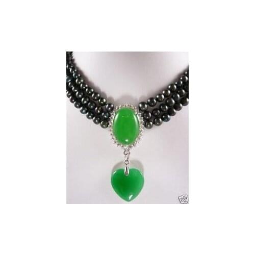 3 rows Freshwater 7-8mm black pearl necklace green jade pendant