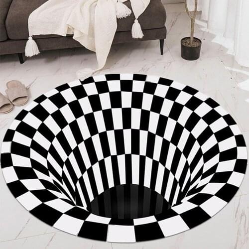 3D Space Round Carpet Checkered Vortex Optical Illusions Non Slip Area Rug Anti-Slip Floor Mat Non-Woven Doormat for Living Room