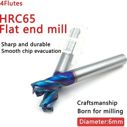 5PCS 6mm End Mill HRC65 4Flute D6x15x50L 75mm 100mm 150mm Fattened End Mills Straight Slim Shank nACo-Blue Coated Milling Cutter