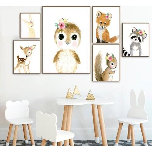 Watercolor Woodland Animal Canvas Poster Baby Flower Crown Deer Squirrel Print Painting Nursery Room Picture Kid Bedroom Decor