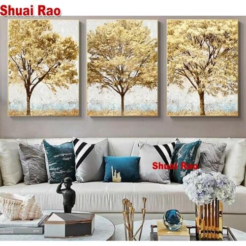 5d diy diamond mosaic Abstract Gold leaf tree Triptych diamond painting cross stitch kits 3d embroidery full rhinestone home Art