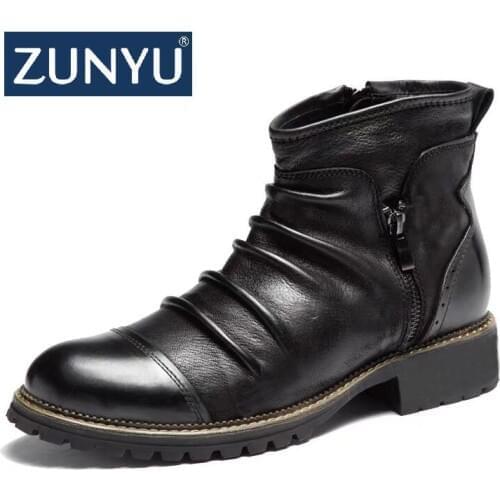 ZUNYU New Autumn Men Leather Boots Fashion Retro Zipper Ankle Booties Breathable Big Size Male Motorcycle Boots Party Shoes