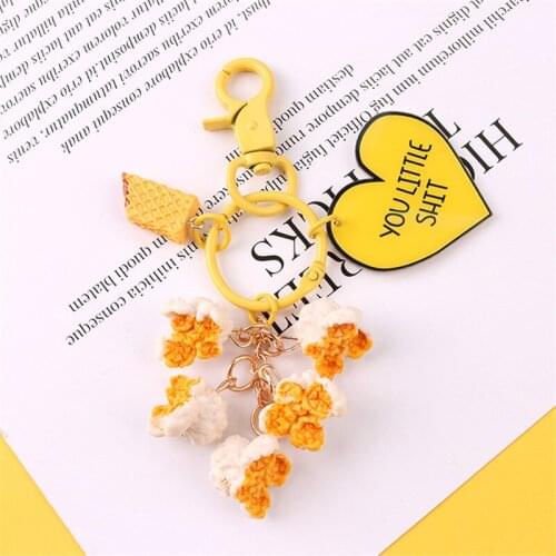 Cartoon Popcorn Keychain Keyring For Airpods Jewelry Cute Simulated Food Car Key Holder Keyring Women Bag Charm Couple Gift