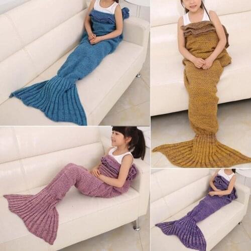 70x140cm Child Yarn Knitted Mermaid Tail Blanket Handmade Crochet Throw Super Soft Sofa Bed Mat