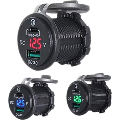 Dual USB Charger Socket Adapter with LED Voltmeter Waterproof Dustproof Cover for 12/24V Car Motorcycle Boat PD Type C+QC 3.0