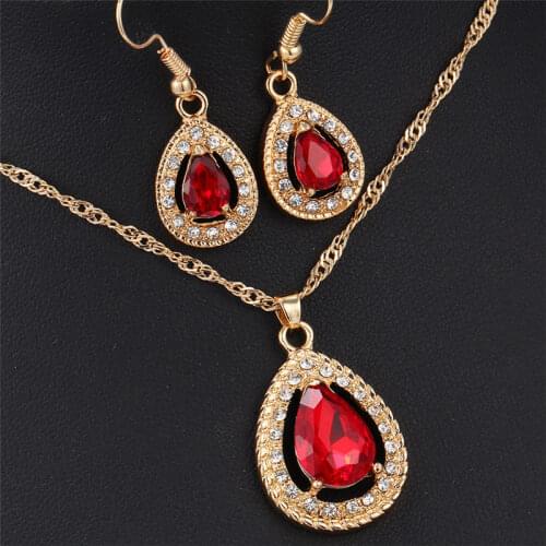 Fashion Bridal Jewelry Sets Blue/Red Crystal Necklaces Earrings Set for Women Bridal Wedding Pendants Necklace Sets