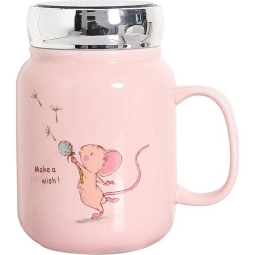 Korean mouse pink tender girl mirror ceramic cup with lid business office mug cartoon cute small fresh water cup