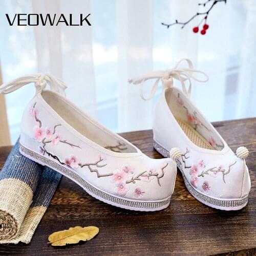 Veowalk Plum Flower Embroidered Women Cotton Hanfu Platform Shoes Pointed Toe Casual Ankle Strap Sneakers Comfortable Soft