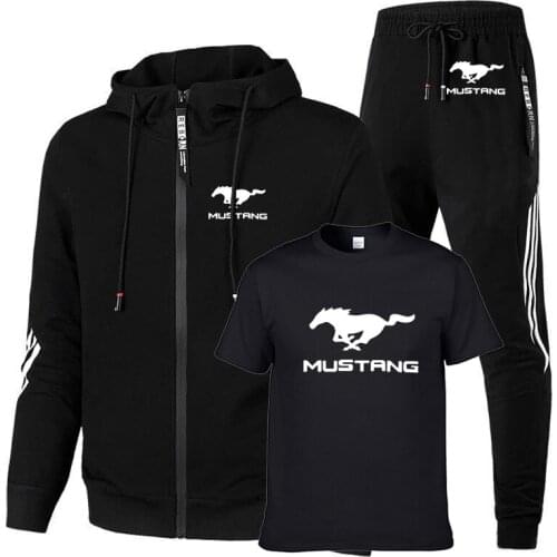 High quality Spring Autumn Zip Jacket Mustang Car Logo printing Casual cotton Men jacket + sweater + pants three-piece suit