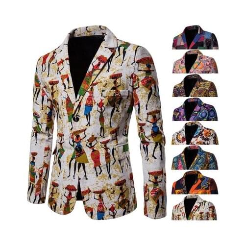 2020 African Style Linen Men Blazer Slim Fit Character Pattern Printed Jacket for Men Fashion Designs Men Suit Blazers Male Coat