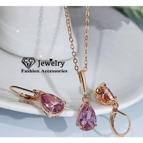 18K Rose Gold Plated Earrings Set 925 Silver Pink Cubic Zircon Water Drop Earring and Pendant Sets Fine Jewelry No Chain CCE624