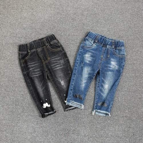 New Arrival Brand Boys Jeans Fashion Trim Design Moustache Print Trousers Childrens Cowboy Pants Black and Blue Jeans for Boys