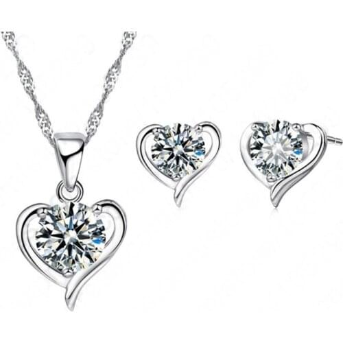 New 925 Sterling Silver Heart Shape Love Fine Jewelry Sets for Women Girls Wedding Necklace Earrings Sets