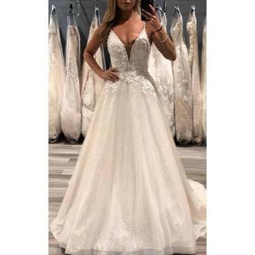 A Line Glitter Wedding Dress for Bride Spaghetti Strap V Neck Appliques Wedding Bridal Gowns Sleeveless Vestido De Novia