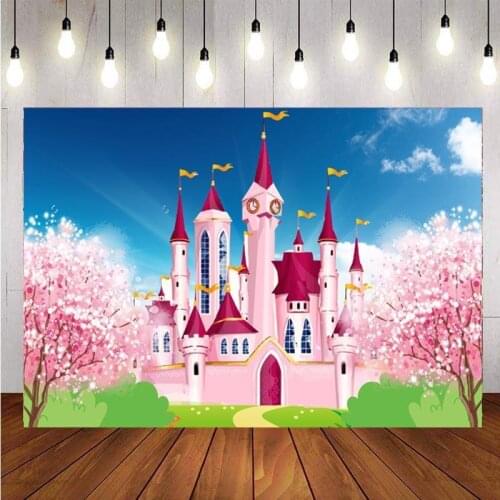 Pink Dream Castle Backdrop Princess Girls Birthday Party Floral Sea Blue Sky And White Clouds Baby Shower Photo Background