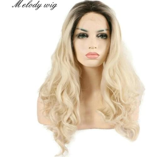 Melody Synthetic Lace Front Wigs Heat Resistant Dark Roots Ombre 60# Blonde Long Body Wave Side Part for Women Natural Looking