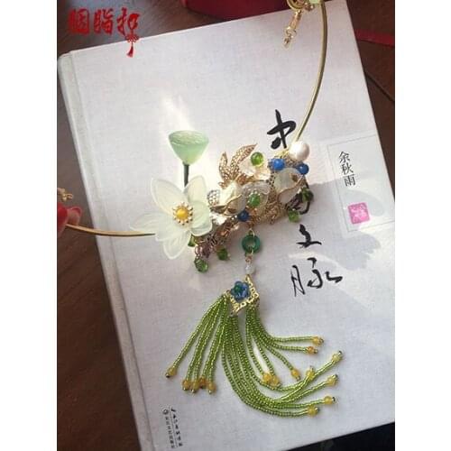 Green Xiu Jade fish under the lotus classical hairpin pinchcock handmade vintage chinese hanfu accessory hair pin