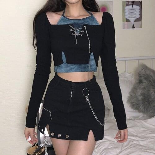 T-shirt Women Tie-dye Chain Splicing With Halter Neck Strapless Long-sleeved Dark Gothic Style Met Y2K Crop Tops Blouses Basic