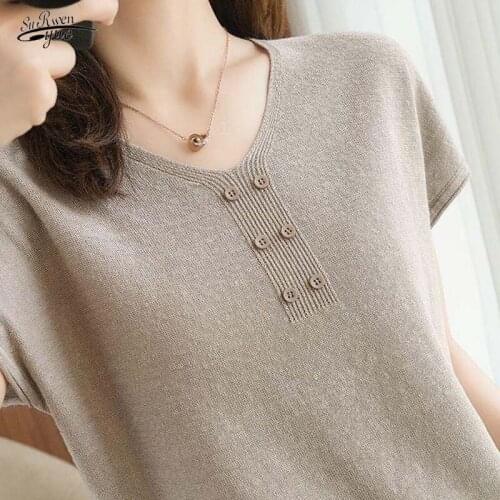 2021 V-neck ice silk knit short-sleeved cotton shirt summer new style womens top casual loose office ladies clothing 14660