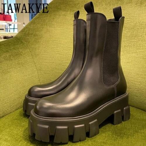 Falshion Motocrycle Boots for Women Black elastic slip on mid calf Boots Winter Hot Sale Thick Sole Leather Short Botas mujer