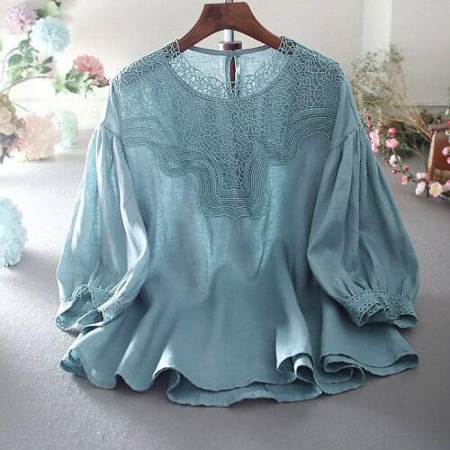 Free Shipping O-neck Women Shirt Summer Blouse Temperament Embroidery Single-piece Set Hem Lantern Sleeve Casual Top