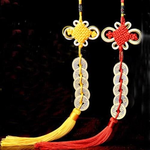 2pcs Five Emperor Money coins pendants with Chinese Knot pur Copper Coins Keychain