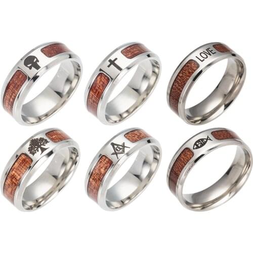 2020 Fashion 316L Stainless Steel Finger Rings Durable Vintage Titanium Stainless Steel 8mm Wood Grain Ring Jewelry for Men Gift
