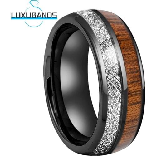 8MM Black Tungsten Wedding Bands For Womens Mens Wood Meteorite Inlay Two Grooves Polished Finished Comfort Fit