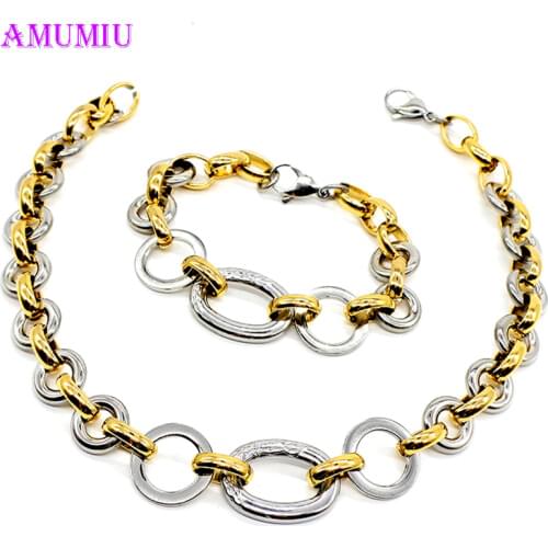 AMUMIU Byzantium Necklace and Bracelet Jewelry Sets Stainless Steel Mens Womens Chain Heavy Metal Punk JS033