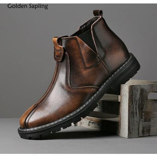 Golden Sapling Mens Boots Fashion Platform Motorcycle Ankle Boot Classics Slip on Leisure Shoes Retro Chelsea Casual Shoes Men