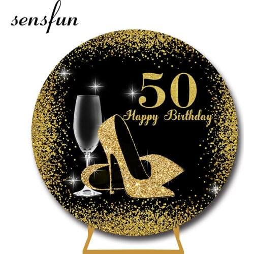 Sensfun Black Gold Glitter Round Backdrop Cover Heels Lady Woman Happy 30th 40th 50th Birthday Party Circle Background Elastic