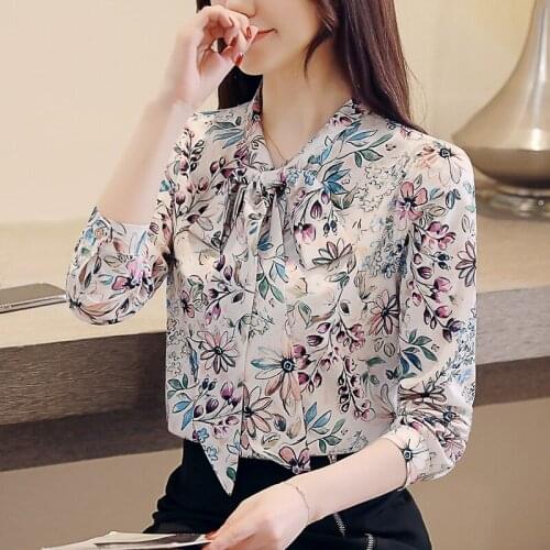 Chikichi 2021 Autumn New Korean Version of Long-sleeved Bow Tie Shirt Printed Chiffon Shirt Casual Long Sleeve Top Women