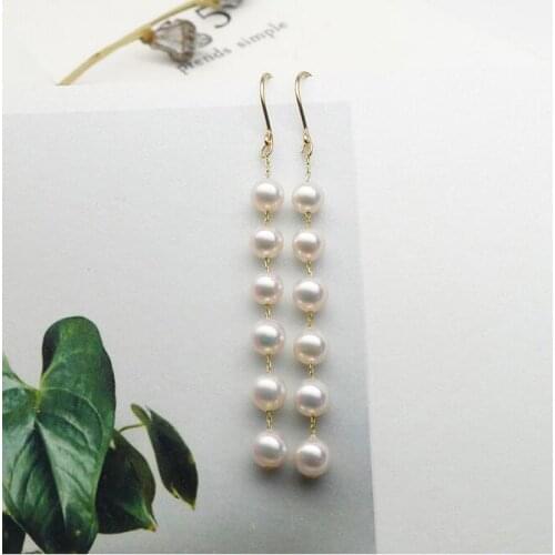 Classic 5.5-7.5MM AAA White Real Akoya Pearl Long Drop Earrings 14K Yellow Gold
