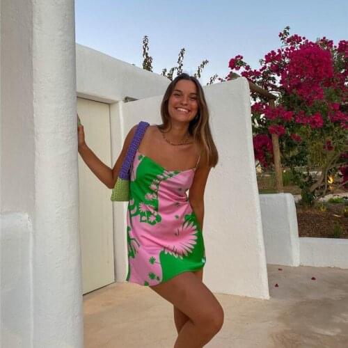 Sweet Woman Pink Print Satin Sling Mini Dress 2021 Summer Casual Female Slim Backless Beach Dresses Girls Y2K Short Dress