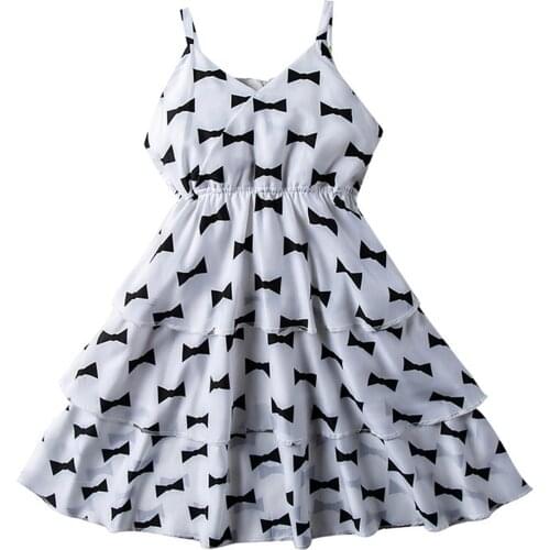 2021 new sweet style Little Girl Summer Casual Suspender Dress Fashion Bow Print Multi-layer A-line Princess Dress