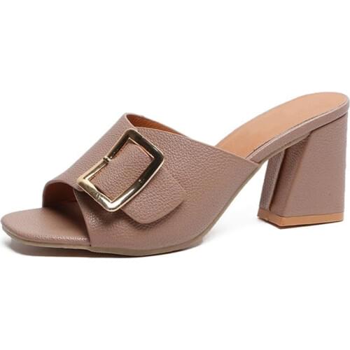 2021 Newest Popular Women Slippers Pure Color Square Head Coarse Heel Womens Wedges Non-slip Comfortable Sandals
